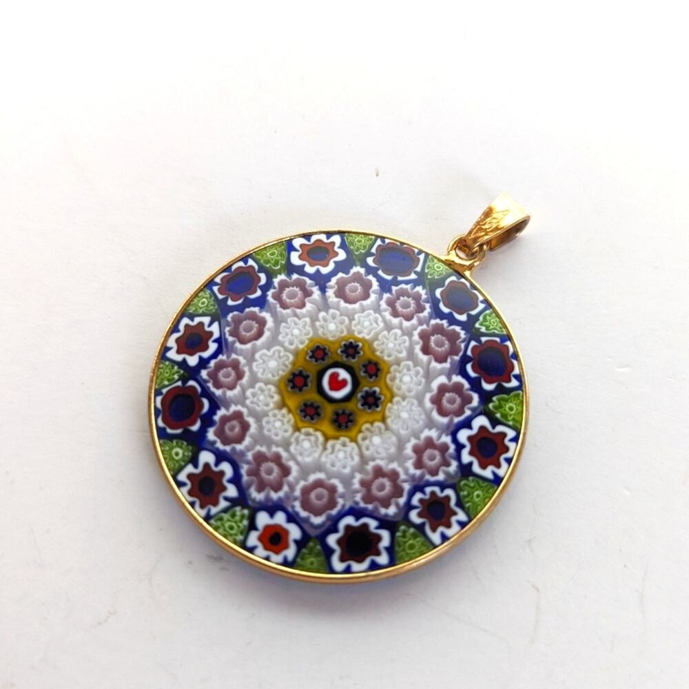 Vintage Signed AMV Murano Millefiori Art Glass 925 Sterling Vermeil Pendant